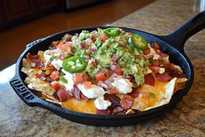A nacho dish with cheese, bacon, and jalapenos photo