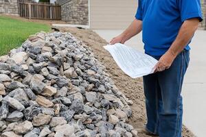A man is holding a piece of paper while standing next to a pile of rocks photo