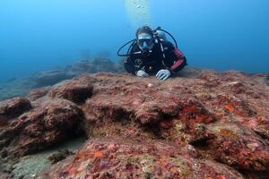 A person in a scuba suit is looking at a rock photo