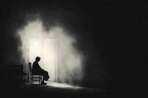 A man sitting in a chair in a dark room photo