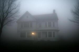 A house in the fog with a light on photo