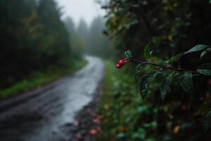 A red berry on a tree branch in the fog photo