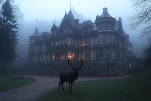 A deer stands in front of a large mansion in the fog photo