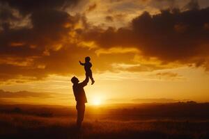 A man holding up a child in the air at sunset photo