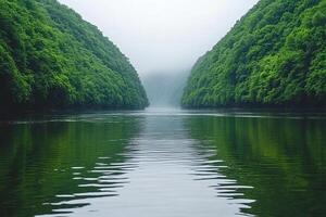 A river surrounded by trees on a foggy day photo