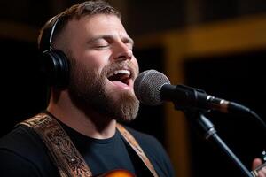 A man with a beard singing into a microphone photo