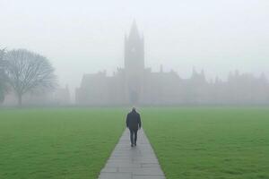 A person walking on a path in front of a church photo