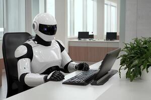 A robot sitting at a desk with a laptop photo