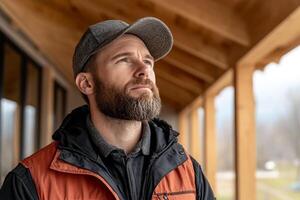 A man with a beard and a hat standing outside photo