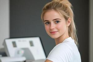 A woman is sitting in front of a computer photo