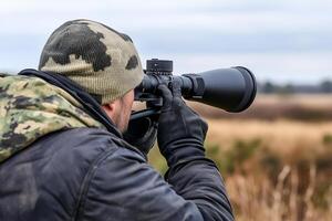 A man in camouflage is looking through a binoculars photo