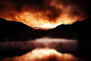 A lake with fog and mountains in the background photo
