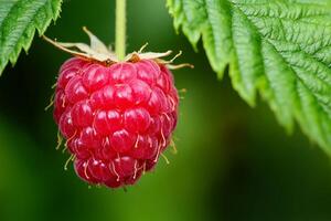 A raspberry is hanging from a green leaf photo
