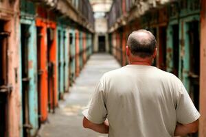 A man walking down a hallway in an old prison photo