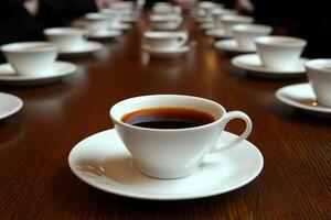 A table with many cups of coffee and saucers photo