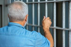 An older man is looking through the bars of a jail cell photo