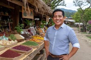A man standing in front of a table with various types of food photo