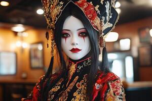 A woman in a chinese costume with red eyes photo