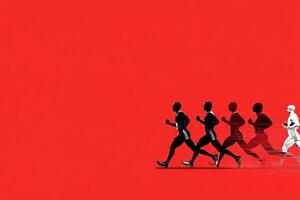 A group of people running in a red background photo