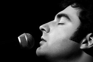 A man singing into a microphone photo