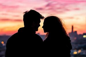 A silhouette of a couple looking at each other photo