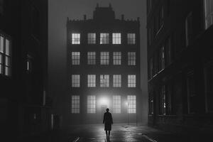 A person walking down an alley at night in front of a building photo