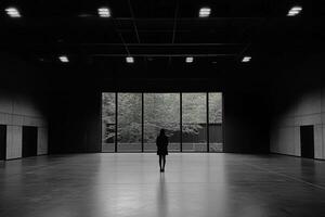 A person standing in an empty room with large windows photo