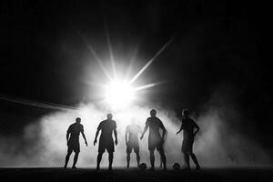 A group of soccer players standing in the dark with a light shining on them photo
