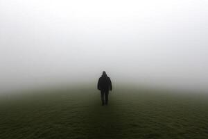 A man standing alone in a foggy field photo
