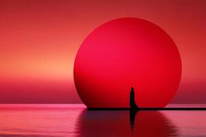 A woman stands on a pier looking at a large red ball photo