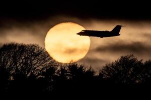 A plane flying over a tree line with a sun in the background photo