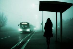 A woman standing at a bus stop in the fog photo