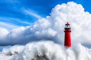 A lighthouse is surrounded by large waves photo