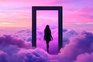 A woman standing in front of an open door in the clouds photo