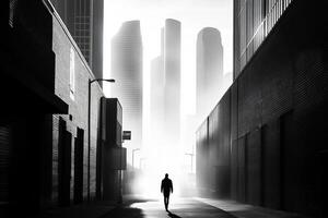 A man walks down an alleyway in the dark photo