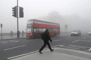 A man crosses the street in the fog photo