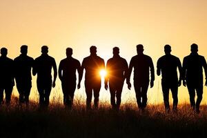 Silhouette of a group of men walking in a field at sunset photo