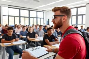 A man with glasses and a backpack is standing in front of a classroom photo