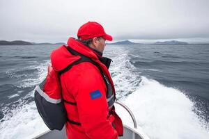A man in a red jacket and a red hat on a boat photo