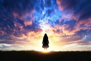 A woman standing in front of a sunset with a bright sky photo