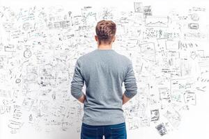 A man standing in front of a wall with a lot of doodles on it photo