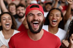 A man with a beard and red shirt is cheering with his mouth open photo