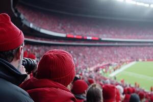 A group of people in red hats and hats watching a football game photo