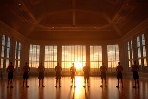 A group of people standing in a room with the sun setting behind them photo