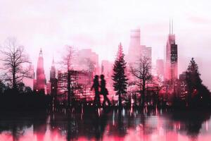 A cityscape with pink buildings and trees photo