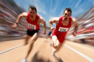Two men running on a track with blurry motion photo