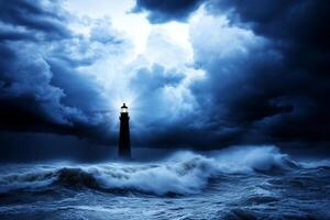 A lighthouse in the middle of a stormy ocean photo