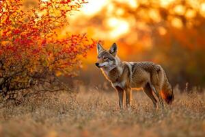 A coyote stands in front of a red bush photo
