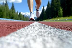 A person running on a track with a mountain in the background photo