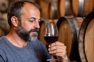 A man with a beard and a beard is holding a glass of wine photo